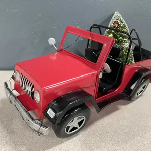 Lighted Red Metal Jeep with Christmas Tree (T2)