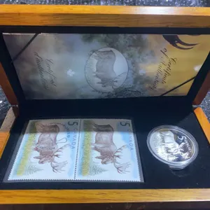 2004 Canada $5 Majestic Moose Silver Coin and Stamp Set in Wood Case with COA