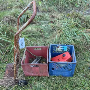 Rusty Hand Truck With Two Crates & Contents