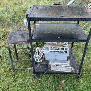 Metal Utility Cart With Stool and Signs