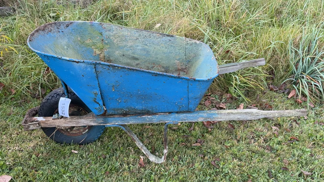 Blue Metal Wheelbarrow With Wood Handles