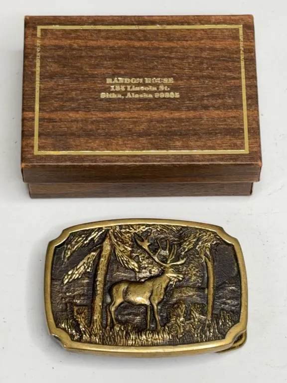 Solid Brass Belt Buckle Elk Design w/ Box