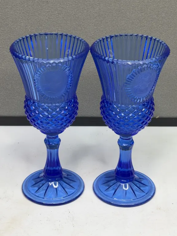Blue Pressed Glass Goblets, 7.5 Inch