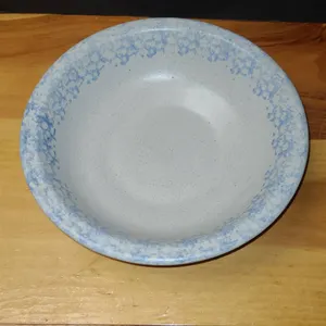 Stoneware Bowl Blue Speckle Rim Marked USA Pottery