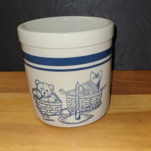 Rowe Pottery Works Stoneware Cup with Blue Teddy Bear Art