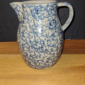 P.P.P. Blue Spongeware Pitcher #7001 USA Pottery Mark