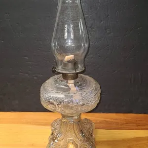 Pressed Glass Oil Lamp with Patterned Base and Chimney