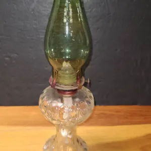 Clear Pressed Glass Oil Lamp With Green Chimney