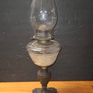 Pressed Glass Oil Lamp With Cast Metal Ornate Base