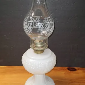 Milk Glass Oil Lamp with Floral Patterned Chimney Globe