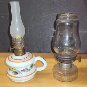 Two Small Oil Lamps, Glass and Decorated Ceramic Bases