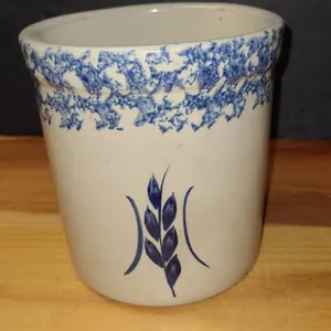 Salt-Glazed Stoneware Crock Blue Spongeware Wheat Motif