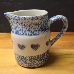 Rowe Pottery Works Blue Heart Spongeware Cream Pitcher