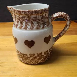 Brown Spongeware Creamer Pitcher with Heart Motif USA