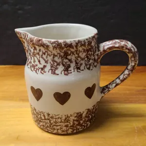 Heart Motif Stoneware Pitcher, Brown and Cream Glaze
