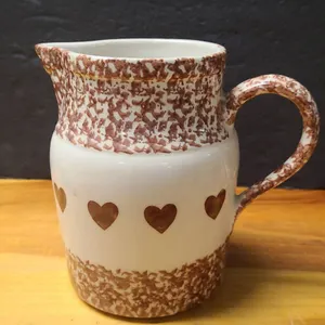 Spongeware Stoneware Pitcher With Brown Heart Motif