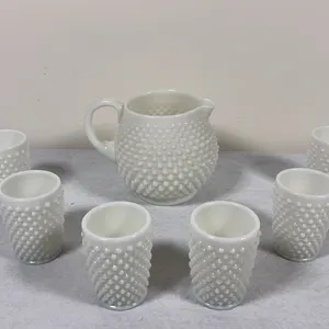 Milk Glass Hobnail Pitcher & Cups