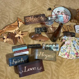 Lot of decor including faith, hope & love boxes, believe letters, bottle & more