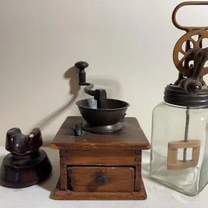 Antique Coffee grinder, butter churn & insulator