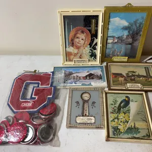 (3) framed advertisement thermometers & Garaway pins & letter