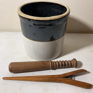 Crock, glove stretcher & wooden spindle