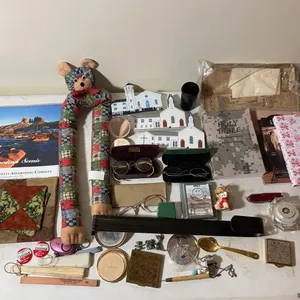 (3) Cats Meow buildings, antique eye glasses, wreath hook & more