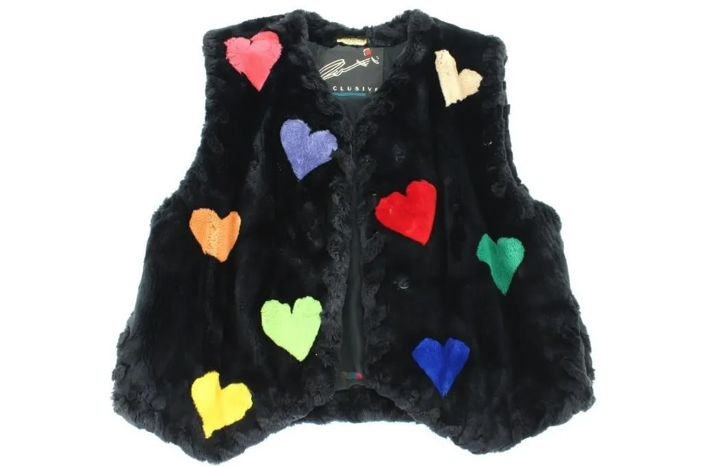 RABBIT FUR BLACK COLOURFUL HEART PATTERN VEST