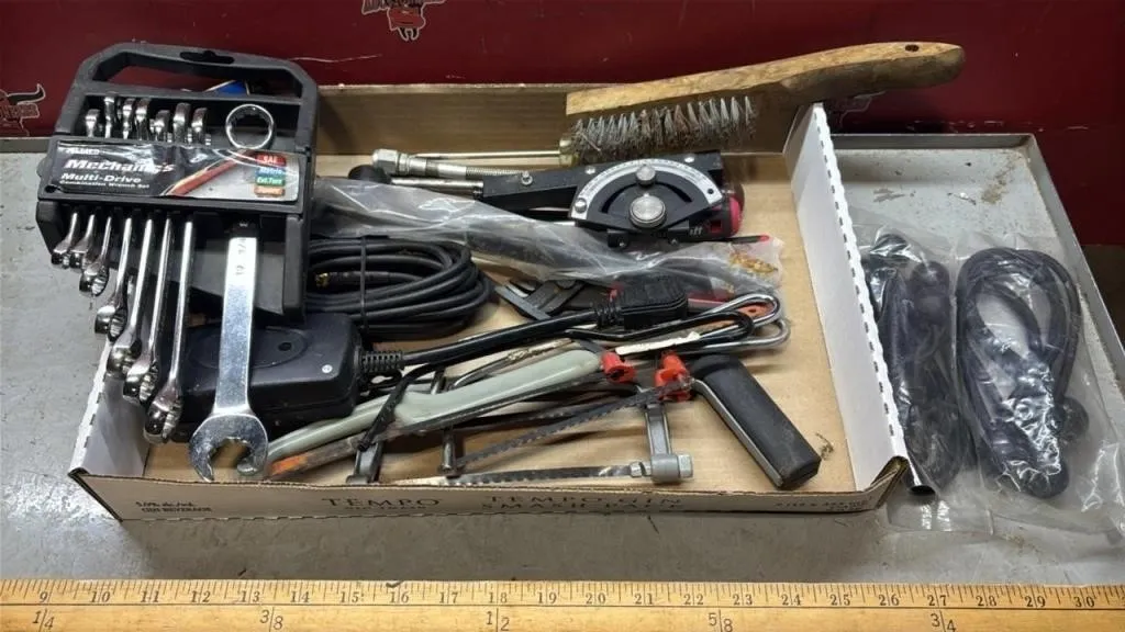 Tray of Misc. Items - Hand Saw, Wrenches, Etc.