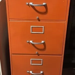 Metal 4 Drawer Orange Filing Cabinet w/Key.