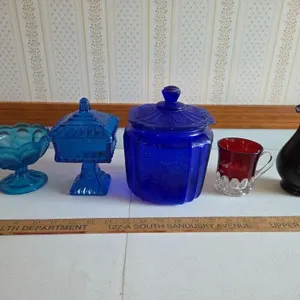 Misc Glass; Blue Canisters, Ruby Glass