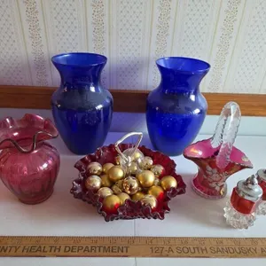 Fenton Basket, Vase, S&P, Pair Blue Vases, Red Can