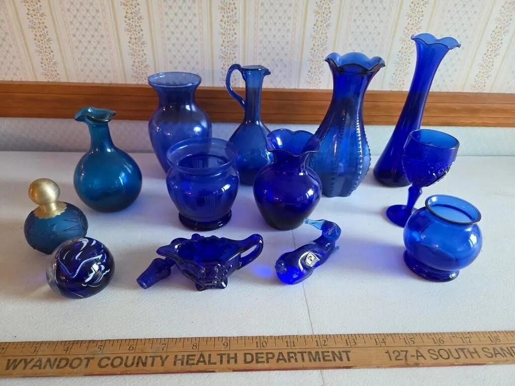 Decorative Blue Glass Pieces; Vases, Paperweight