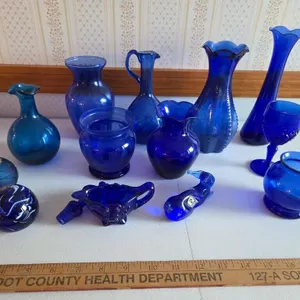 Decorative Blue Glass Pieces; Vases, Paperweight