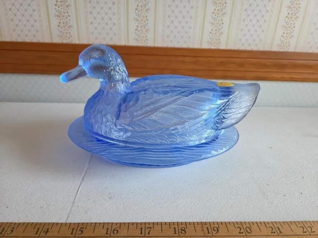 Blue Tiffin Glass Duck on Nest