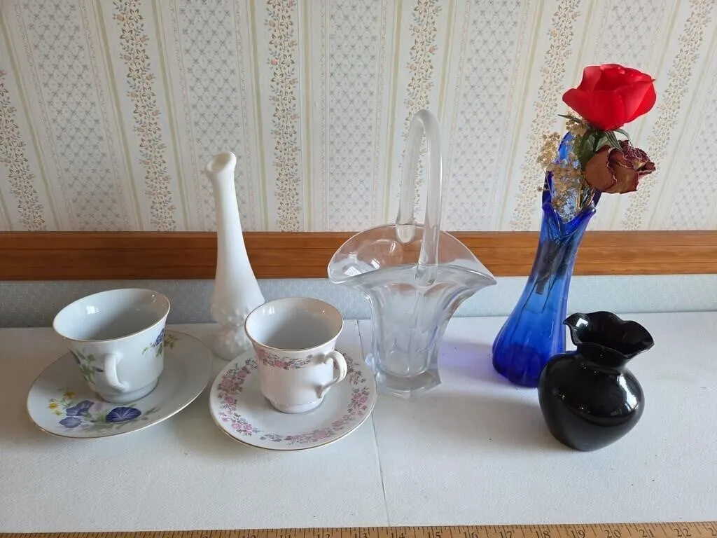 Cups and Saucers, Basket, Bud Vases