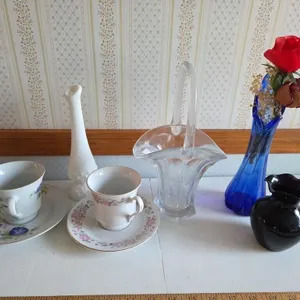 Cups and Saucers, Basket, Bud Vases