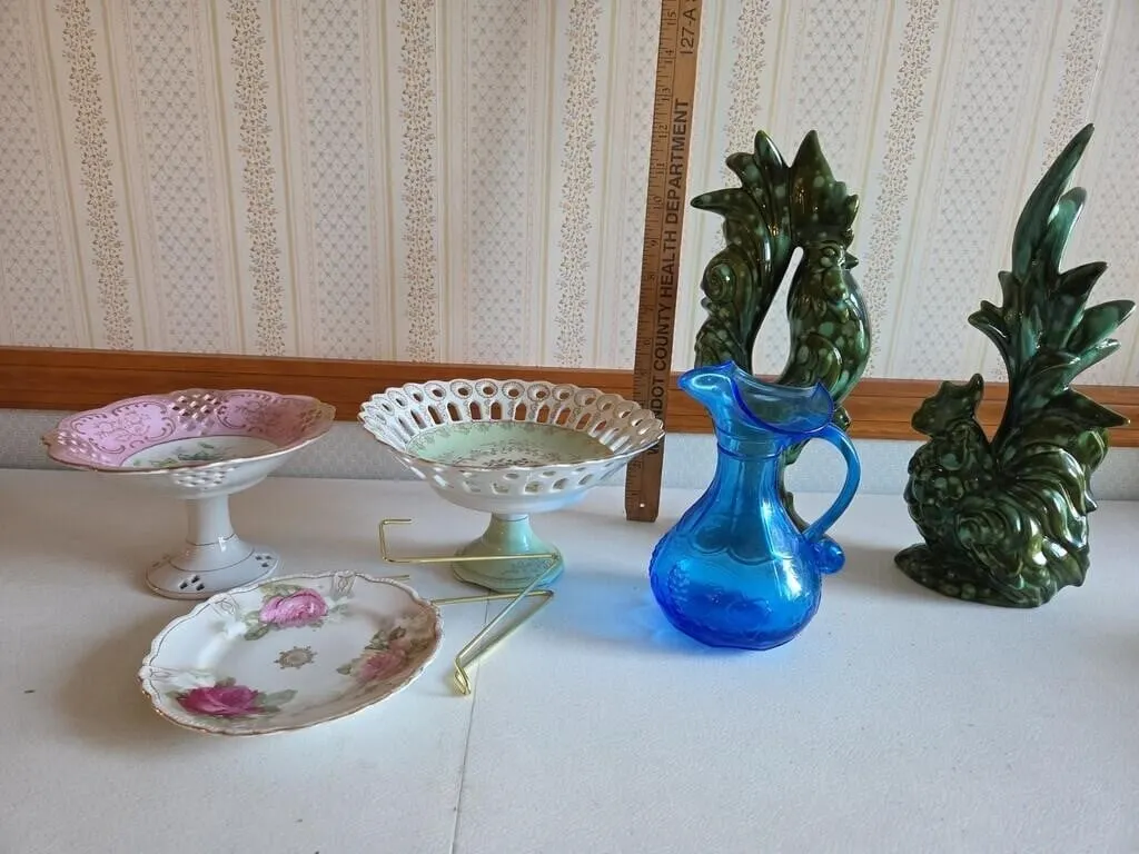 Pair Ceramic Roosters, Blue Vase, China Dishes