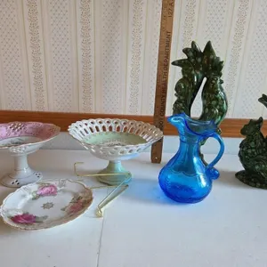 Pair Ceramic Roosters, Blue Vase, China Dishes