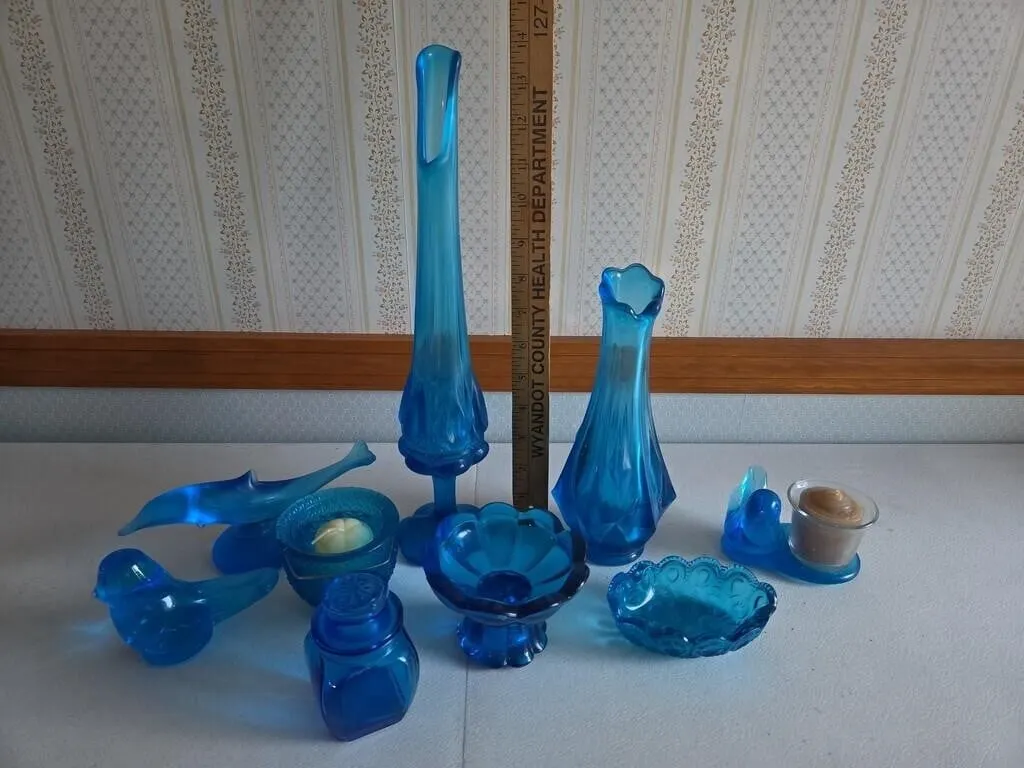 Blue Glass; Vases, Birds, Whale