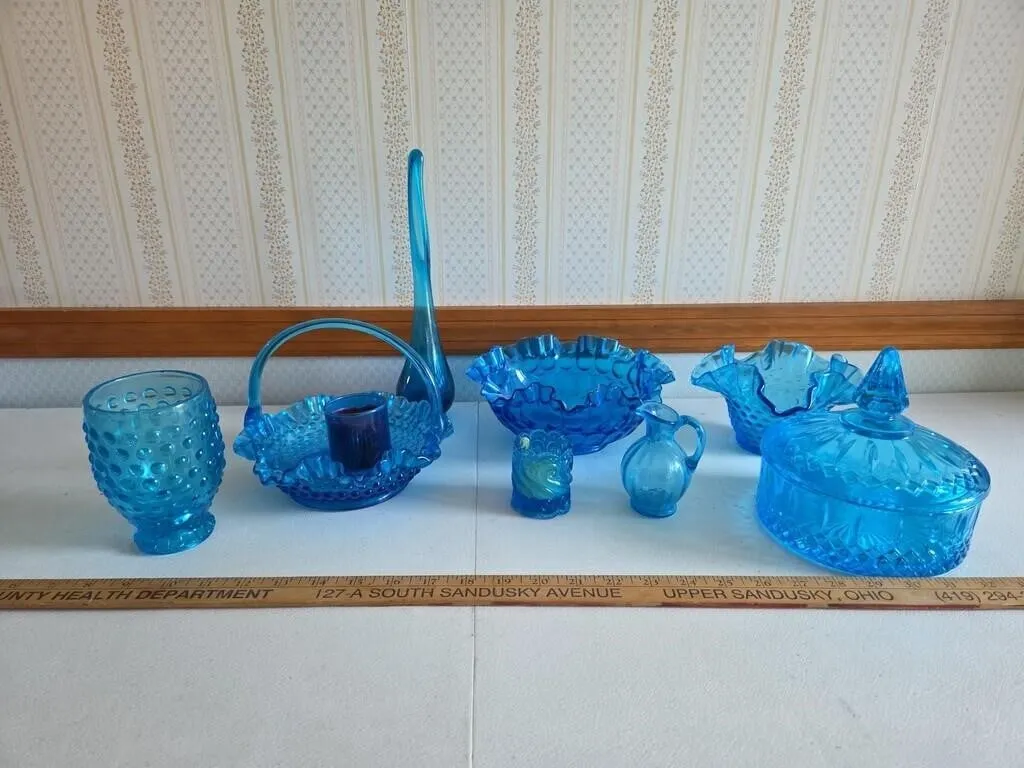 Blue Glass Pcs; Catawba Glass Basket, Candy Dish,