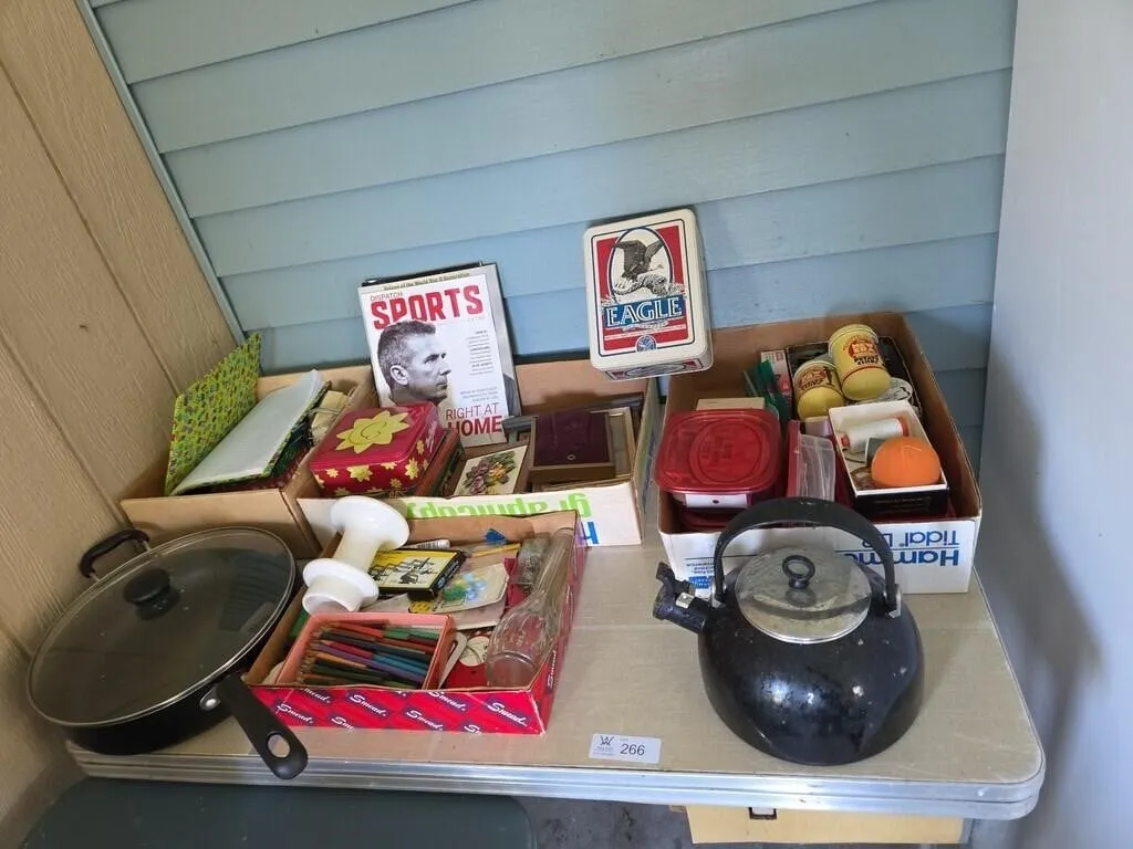 Laminate Table w/Contents; Skillet, Picture Frames