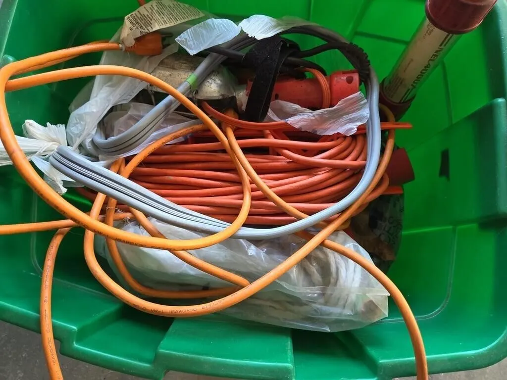 Tub of Cords, Lights, Plumbing, Misc