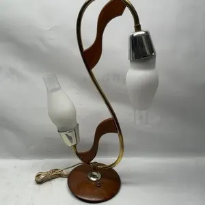 MCM Dual-Head Table Lamp, Wood, Brass & Chrome