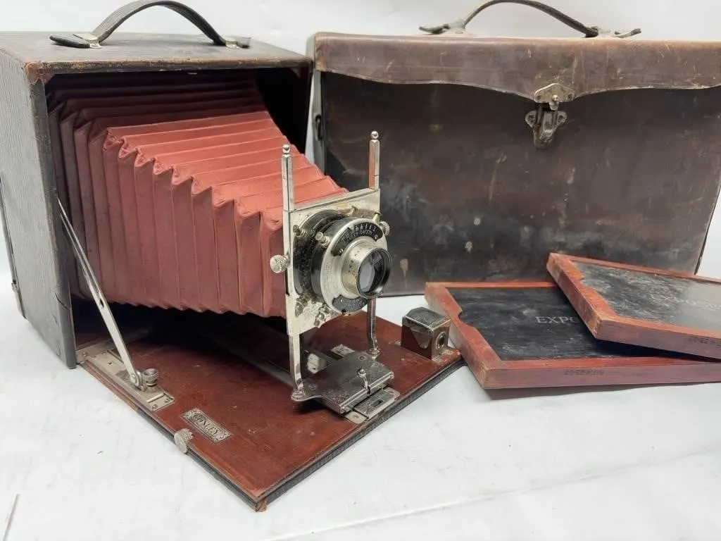 Antique Folding Camera with Case and Plate Holders