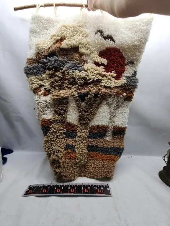 Vintage Latch Hook Wool Wall Hanging, Sunset Scene