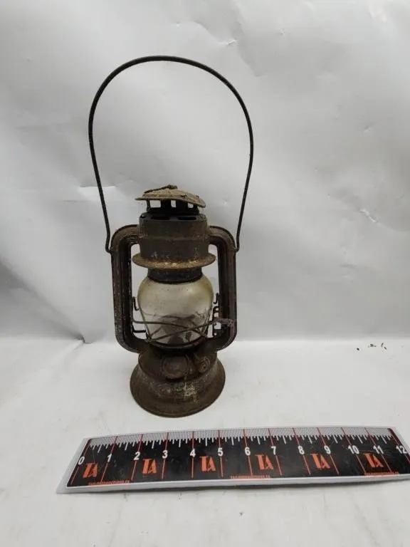 Antique Rusty Barn Lantern with Glass Globe