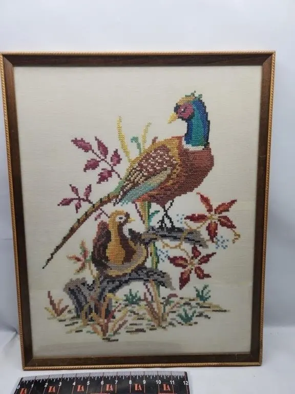 Framed Cross-Stitch Pheasant Birds Needlework