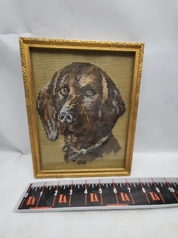 Framed Needlepoint Dog Portrait, Gold Frame