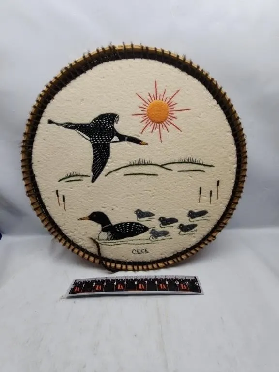 Signed CECE Loon Birch Bark Quillwork Panel