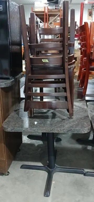 Grey square pedestal table w/ 2 Dark wood chairs